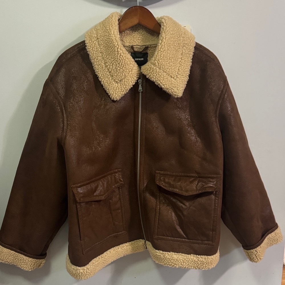 Express Brown Shearling Jacket - Picture 3 of 4